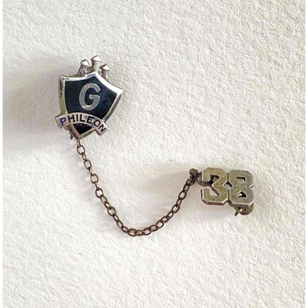 1938 G Phileon Green Sterling Silver Chained 2 Piece Pins Vintage School College